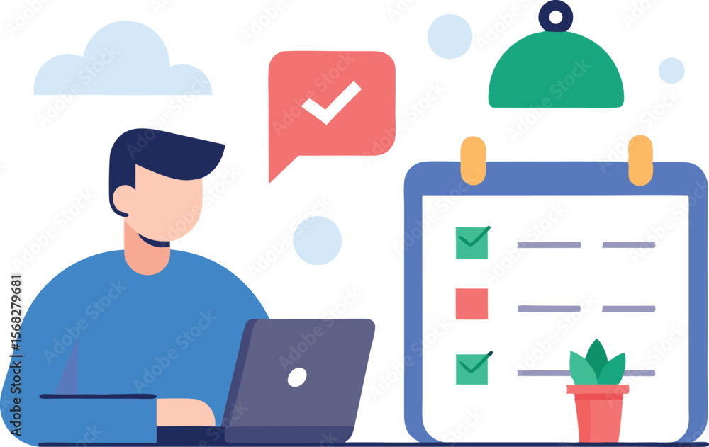 Poster man working on laptop with checklist and checkmarks