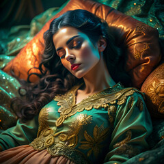 A glamorous woman models a traditional red and gold carnival costume, featuring striking makeup, elaborate hair, and artistic jewelry that frames her captivating eyes