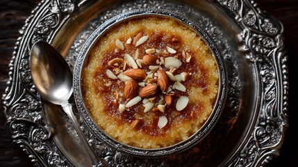 Pakistani anday ka halwa ghee with cardamom almonds and raisins served on silver tray in Eid celebration setting top down view