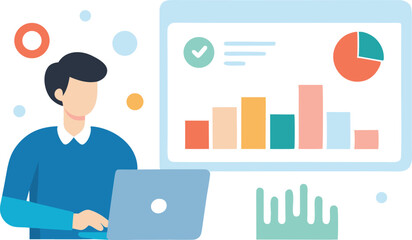 Fototapeta premium Man working on laptop analyzing business data charts graphs