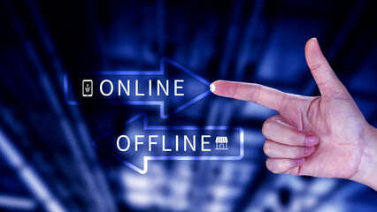Online vs offline business sales or marketing strategy concept, Transition from offline to online in commerce business.