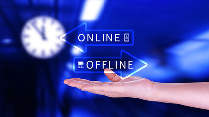 Online vs offline business sales or marketing strategy concept, Transition from offline to online in commerce business.