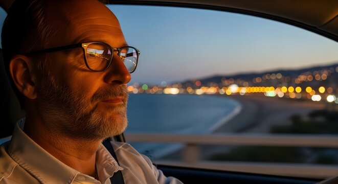 Man driving car at night with city lights reflecting in glasses for travel and transportation - Powered by Adobe