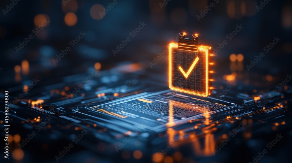 Aufkleber futuristic digital circuit board with a glowing checkmark symbol representing security or system ver