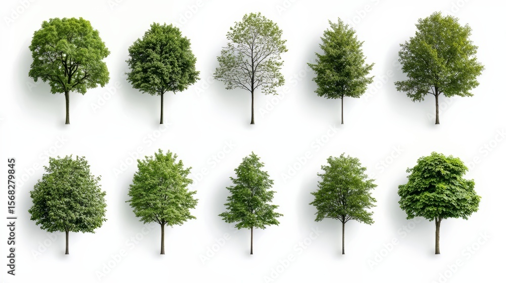 Poster collection of trees in various sizes and shapes. the trees are all green and are arranged in a row