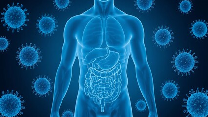 Blue Monochrome Illustration of Human Digestive System with Virus Structures