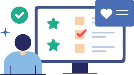 Person completing online feedback form with stars and checkmarks