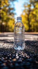 Bottled Water on Forest Road in Autumn – Clean Hydration and Nature

