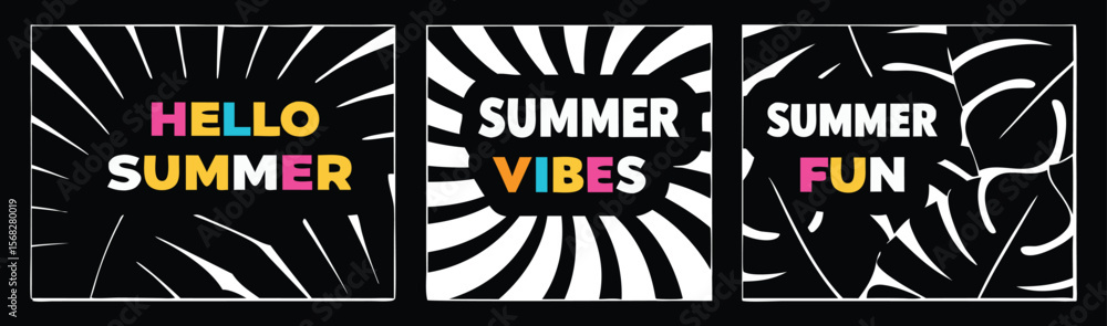 Poster summer poster set. hello summer and summer vibes typography on modern abstract backgrounds. vector c