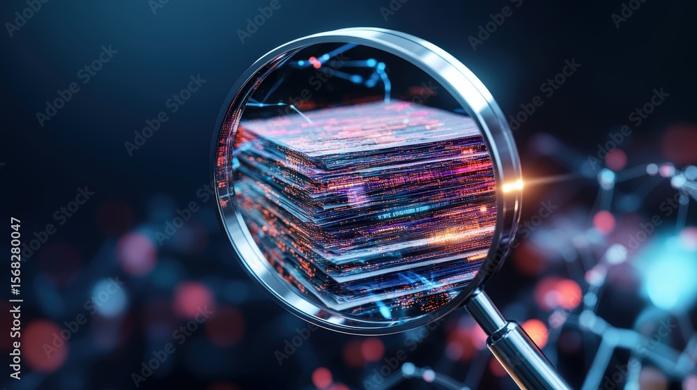 Poster close-up of a magnifying glass highlighting a stack of colorful banknotes symbolizing finance and in