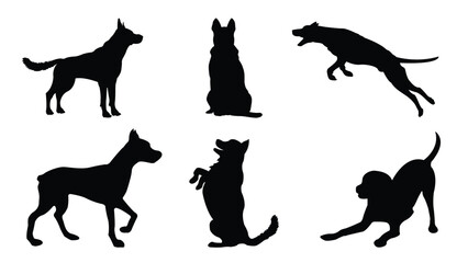 Silhouette of six dogs in various poses against a white background