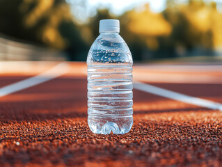 Plastic Water Bottle on Sunlit Running Track – Hydration and Outdoor Fitness