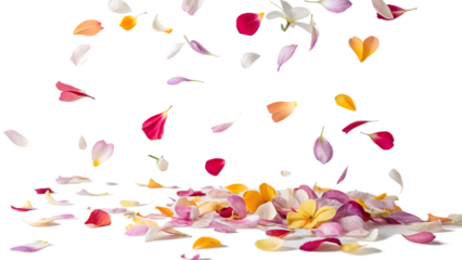 Colorful petals falling against a light gray isolated on a white background PNG. AI GENERATED.