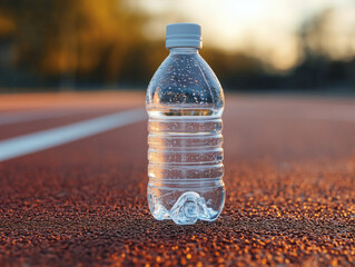Bottled Water on Red Running Track at Sunset – Fitness and Wellness