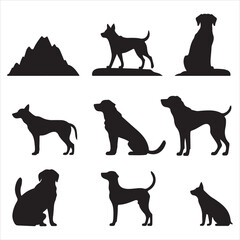 Silhouettes of dogs in different poses accompanied by a mountain silhouette