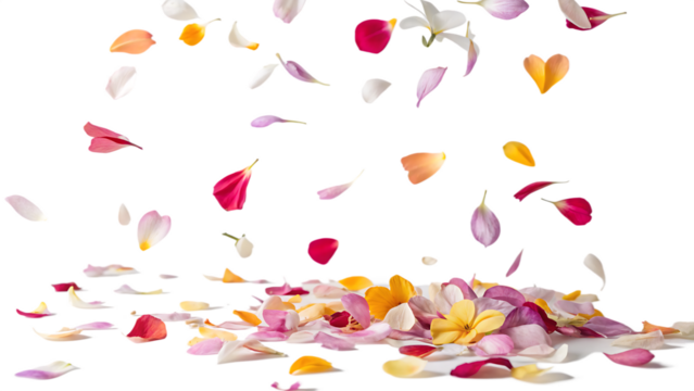 Colorful petals falling against a light gray isolated on a white background PNG. AI GENERATED.
