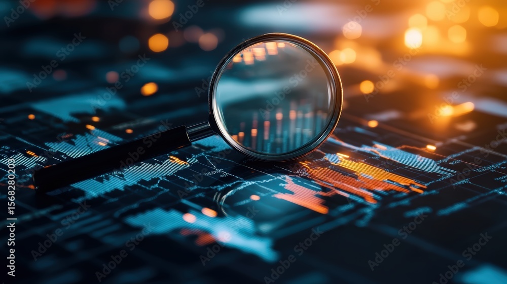Aufkleber close-up of a magnifying glass examining a digital stock market chart with glowing data indicators a