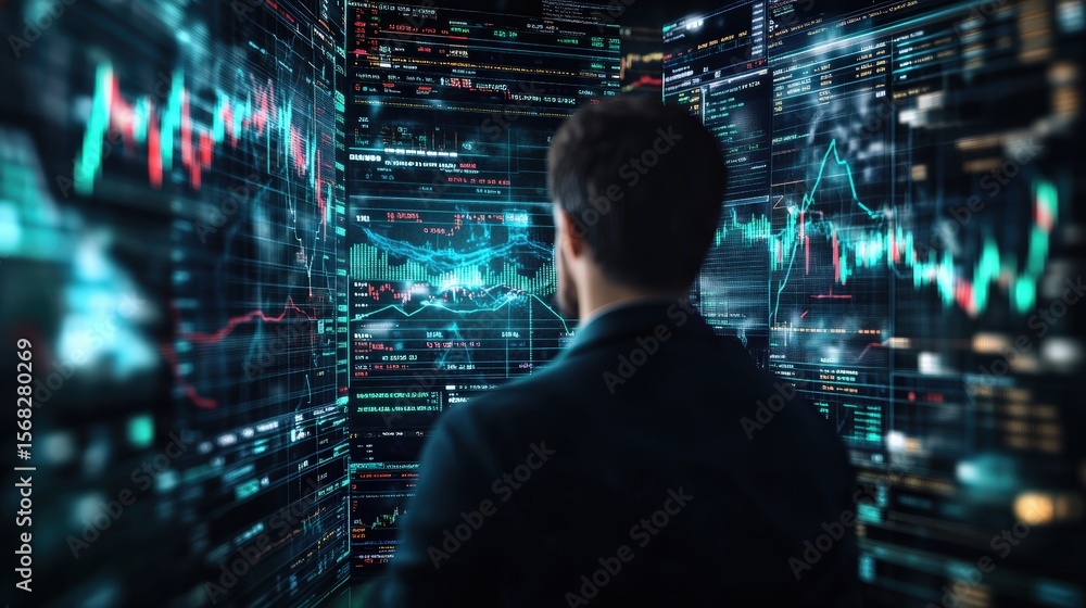 Poster businessman analyzing stock market data on multiple digital display screens with financial charts