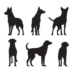 Six black dog silhouettes standing different breeds varying sizes and shapes