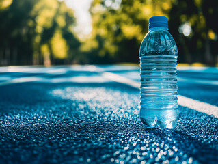 Bottled Water on Blue Track in Shade – Hydration and Active Lifestyle