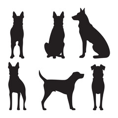 Six dog silhouettes in various poses standing sitting alert and relaxed