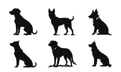Six silhouettes of dogs stand out against a white background