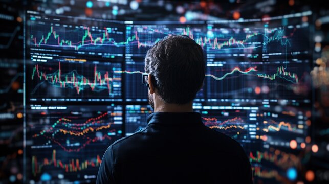 Man analyzing financial data on multiple digital screens with stock market graphs and charts at night - Powered by Adobe
