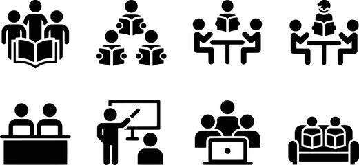 Group learning and presentation icons with people reading and teaching vector