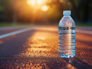 Plastic Water Bottle on Running Track at Sunset – Wellness and Sport Theme