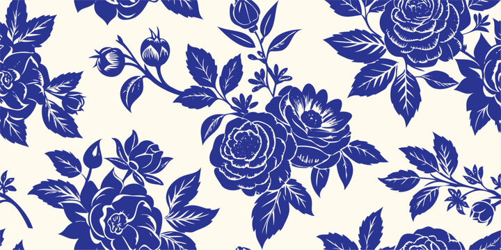 Vintage Rose Floral Seamless Pattern. Blue botanical vector background with hand drawn flowers for fabric, wallpaper, or wedding invitations.