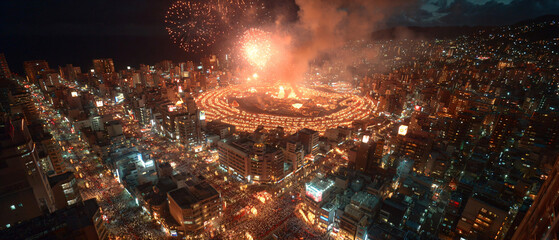 Nebuta Matsuri finale scene, all floats gathered in the city center, synchronized dancers moving under a sky lit by fireworks, taiko rhythms echoing through the night.