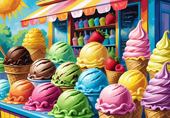 A vibrant illustration of a sunny ice cream shop stall