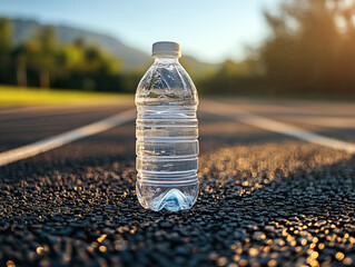 Bottled Water on Running Track in Morning Light – Fitness and Hydration