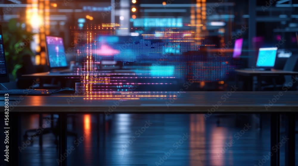 Aufkleber futuristic technology interface with digital data streams and glowing screens in a modern control ro