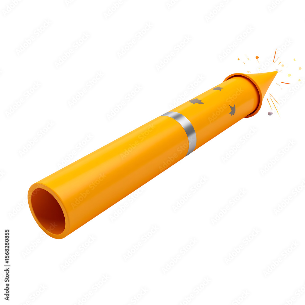 Poster orange sparkler stick with glowing soft tip and floating spark dots on transparent background