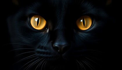 Black cat with glowing amber eyes feline close up