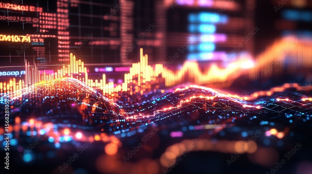Poster vibrant digital stock market data visual with bright graphs and data points in futuristic style