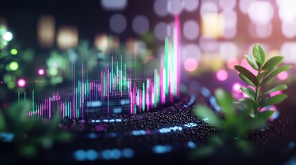Digital data visualization with colorful graphs and charts on a futuristic screen with green plant accents