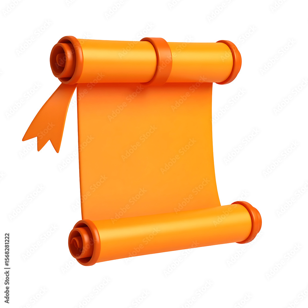 Poster orange spell scroll icon rolled with soft ribbon floating on transparent background