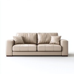 Fototapeta premium Tan Leather Sofa with Pillows on White Background