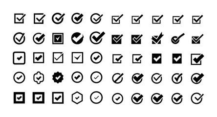 Checkmark Icon Set – Vector Illustration of Check, Approve, Confirm, Accept, Agree, Selected, and Correct Symbols