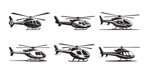 Helicopter silhouette vector set, Helicopter clipart vector illustration, Set of helicopter silhouette vector collection, Side view helicopter silhouette, Black and white helicopter