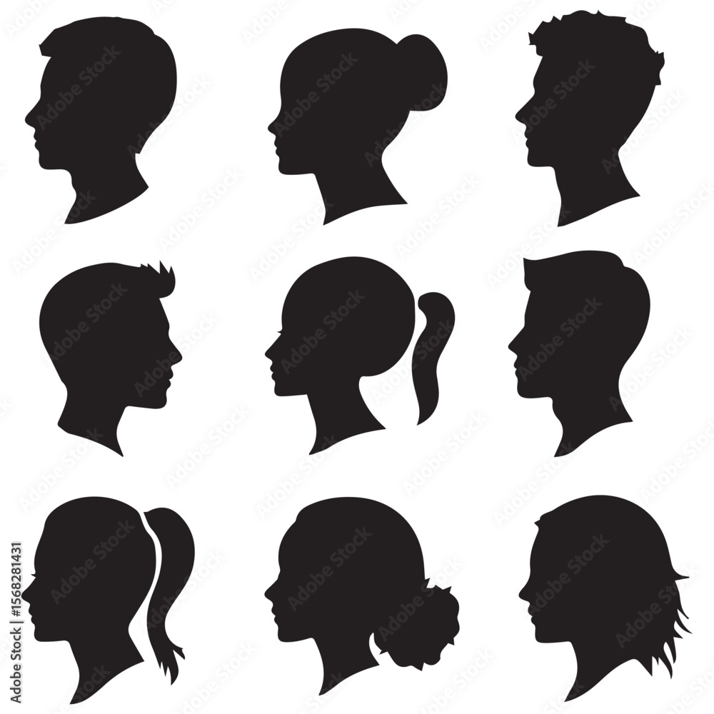 Poster Black silhouette profiles of nine individuals arrayed in a gridlike pattern against a white background