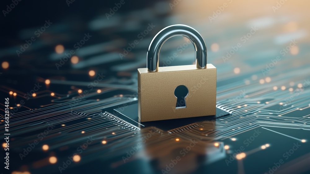 Aufkleber close-up of a gold padlock placed on a digital circuit board representing cybersecurity protection a