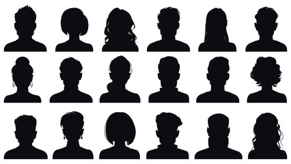 Array of 18 silhouette portraits displaying diverse hairstyles  necklines in stark contrast against a white backdrop