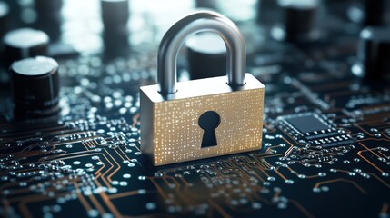 Close-up of a golden padlock with a keyhole on a digital circuit board representing cybersecurity and data protection themes