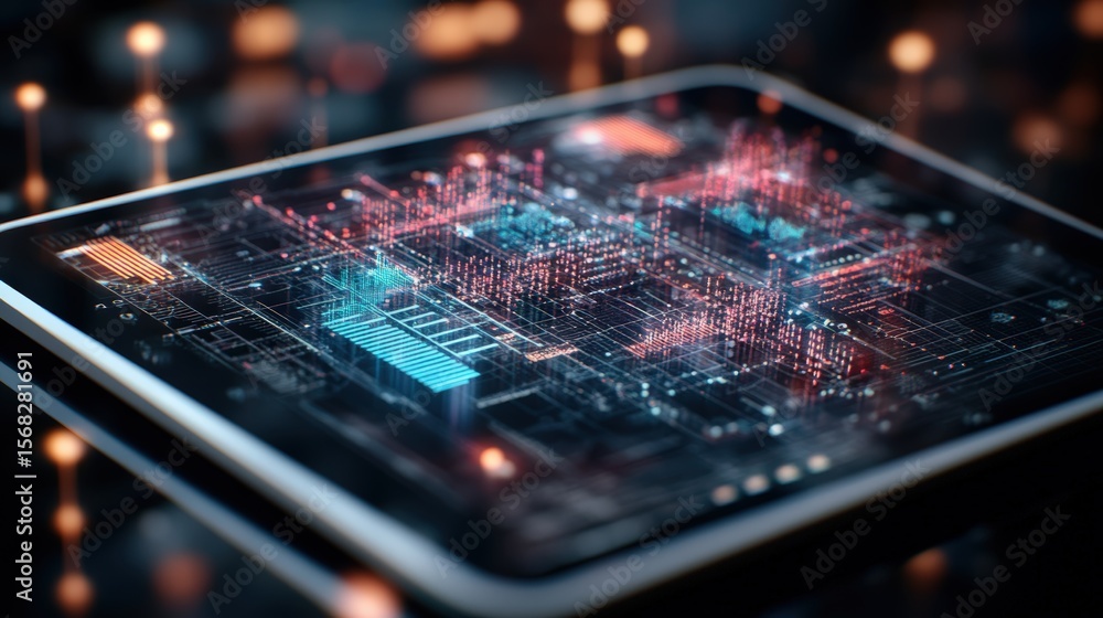 Aufkleber close-up of a digital circuit board with illuminated electronic components on a sleek modern device