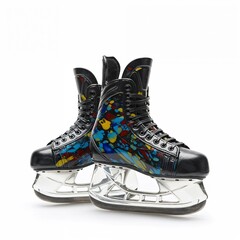 Colorful glassy ice skates with artistic design on a white background