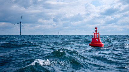 Closeup Of Offshore Wind Turbine By Fishing Net, Workboat, Float, Line, Seabird, Wave, Tall Tower, And Marine Livelihood, Showing Coexistence Of Energy And Fishing.