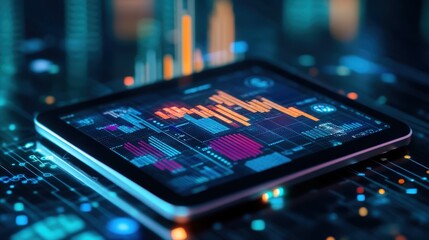 Advanced mobile device displaying colorful digital sound wave analysis and o frequency graphs on a futuristic technological background